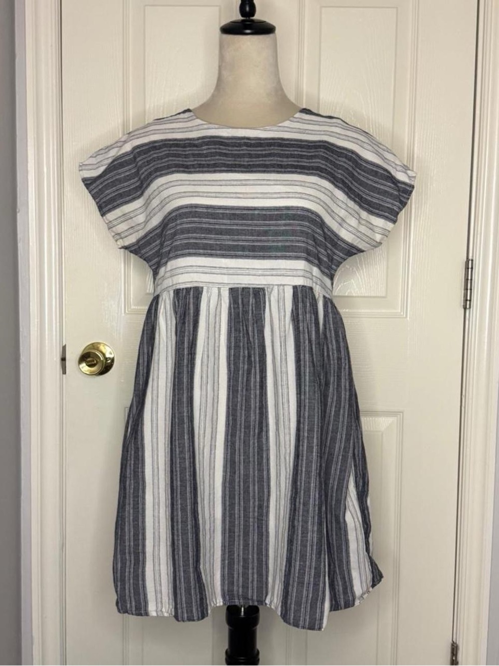 Altar'd State blue ivory striped babydoll mini dress XS - cottagecore nautical